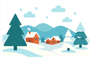 Winter landscape with snow-covered houses and pine trees in a mountain village