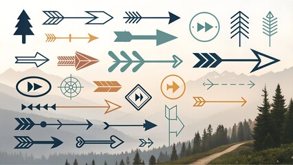 Assortment of Directional Arrows and Nature Icons Set Against a Mountain Landscape