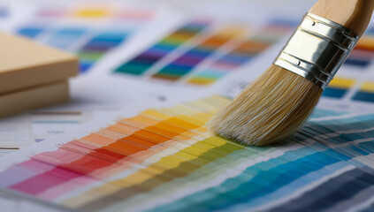 Fototapeta premium Artist s paintbrush touching a colorful paint swatch palette for creative inspiration