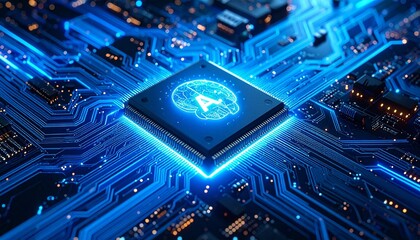 Fototapeta premium AI Brain Chip on Circuit Board Illuminated Core of Intelligent Hardware Systems