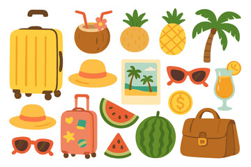 Summer travel and vacation essentials with tropical fruits and accessories