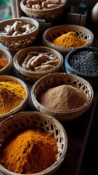 Top-down view of various powdered spices in round woven baskets, vibrant colors like turmeric yellow, chili red, and cumin brown, arranged neatly on a rustic market table, rich textures, natural light