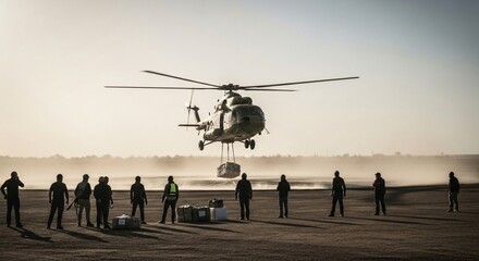 Helicopter Cargo Delivery on Dusty Open Field.