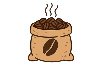 Freshly roasted coffee beans in a rustic burlap sack with rising steam and bean emblem