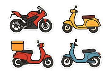 Obraz premium Set of diverse two-wheeled vehicles including sport motorcycle and delivery scooters