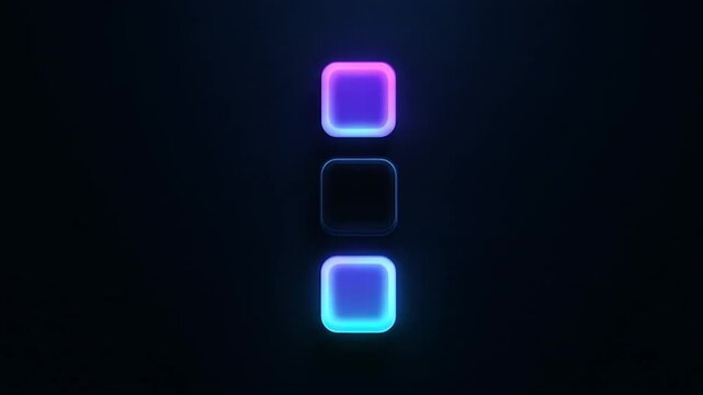 Abstract animated neon square buttons with a dark background