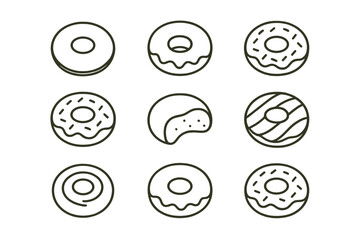 Collection of outline donut icons with various toppings and a bitten pastry