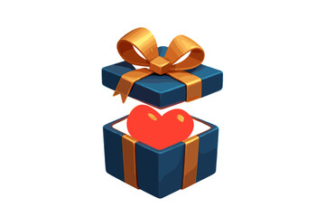 Open blue gift box with golden ribbon revealing a glowing red heart inside