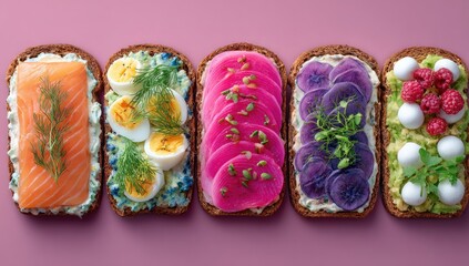 Five vibrant open-faced sandwiches on dark bread, showcasing diverse toppings like smoked salmon, eggs, pickled radishes, purple potatoes, and avocado with raspberries and mozzarella