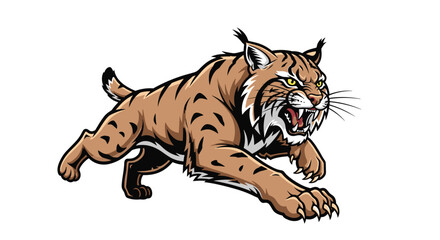 A fierce bobcat runs forward with its mouth open and teeth showing.