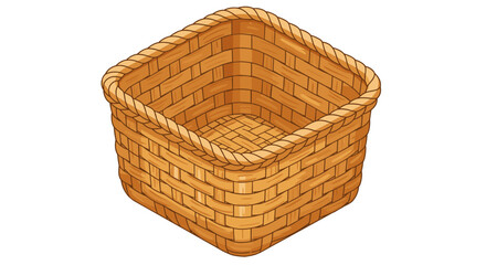Wicker basket made of natural straw with rope edging in isometric style