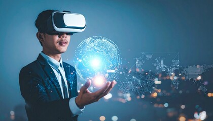 Business VR Interaction with Digital Sphere Immersive Data Control in Futuristic Urban Setting