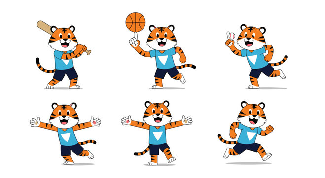 Six adorable cartoon tigers engaged in various sports and activities.
