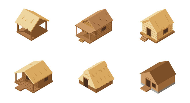 Isometric rustic wooden huts series with varying roof designs