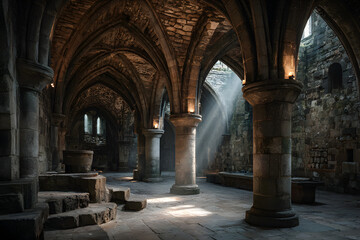 Obraz premium Stone vaulted ceiling and pillars in the medieval undercroft of Lanercost Priory