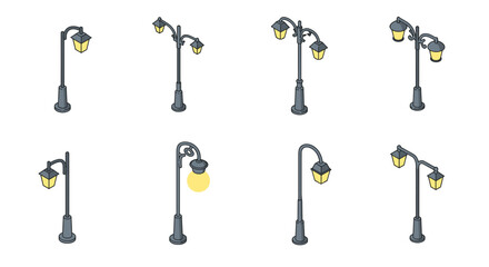 Isometric street lamps collection with various designs and classic styles