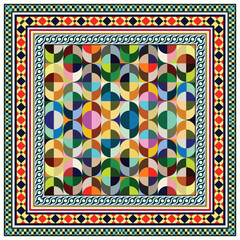 decorative vibrant abstract geometric scarf pattern featuring colorful interlocking shapes, including semi-circles, creating a modern and vibrant surface design.