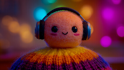 Cute knitted character with headphones listening to music with colorful lights in background