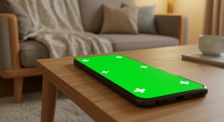 Smart Phone on Coffee Table: A modern smartphone featuring a vibrant green screen, rests on a warm wooden coffee table within a cozy living space, perfect for digital displays.