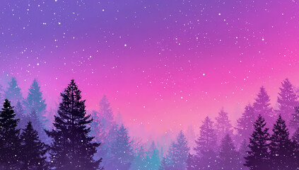 Magical twilight forest landscape with starry sky and vibrant purple pink gradient