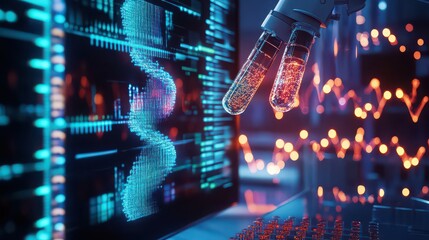 Robotic arm holding test tubes with dna strand and data analysis on screen in a laboratory setting