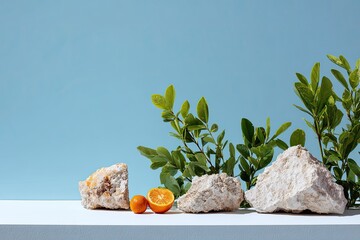 Minimalist still life light-colored rocks, vibrant green foliage, and halved kumquats on a white surface against a pale blue backdrop