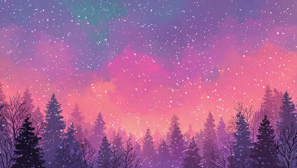 Enchanting twilight sky with shimmering stars over a dark pine forest silhouette