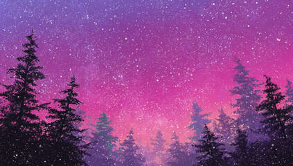 Enchanting twilight sky with countless stars over a silhouette of pine trees