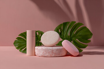 Minimalist scene with green leaves and cosmetic product display on pink background