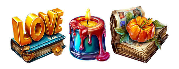 Glossy 3D Cartoon Illustrations of Love, Candle, and Pumpkin on Transparent Background