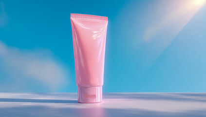 A pink cosmetic tube stands upright against a bright blue sky with soft clouds and sunlight
