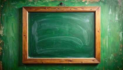 Empty Green Chalkboard with Wooden Frame Hanging on Distressed Green Wall Background School Education and Presentation Board Texture