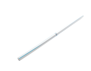 A white plastic tube with blue stripes, lying at an angle, isolated on black