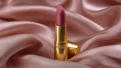 Elegant pink lipstick with gold casing resting on luxurious pink satin fabric