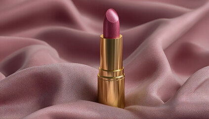 Elegant pink lipstick with golden casing rests on soft flowing pink silk fabric