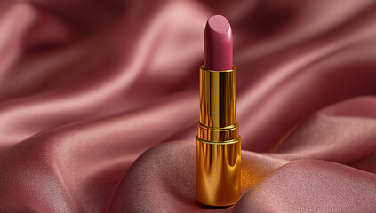 Elegant pink lipstick standing upright on a luxurious draped pink satin fabric background