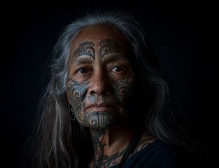 Elderly indigenous man with traditional facial tattoos and long gray hair looking directly ahead