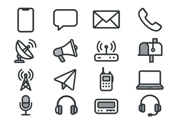 Collection of communication icons including devices and signals