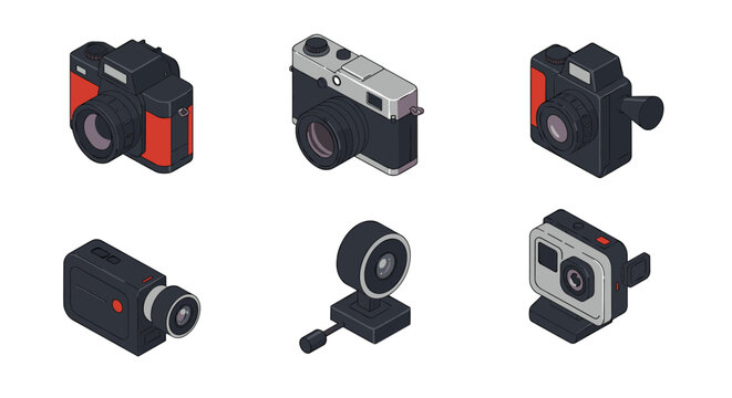 Isometric camera designs featuring vintage and modern styles