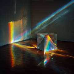 Rainbow spectrum of light refracted through a glass prism creating colorful patterns on a wall and floor