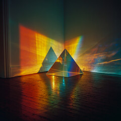 Triangular prisms refract light creating a spectrum of vibrant colors on a dark reflective surface