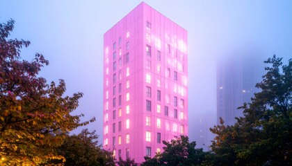 Pink Building in Fog with Trees Urban Architecture Photo