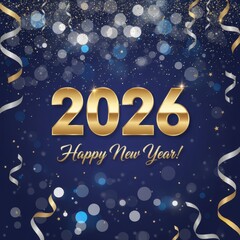 A festive Happy New Year 2026 greeting card. Gold and silver confetti and streamers fall on a dark blue background, creating a celebratory and elegant design.