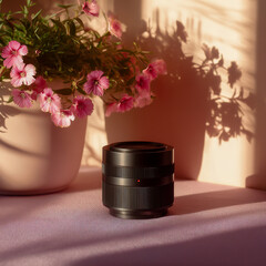 Close up of a black camera lens cap with soft pink flowers and dappled sunlight in the background