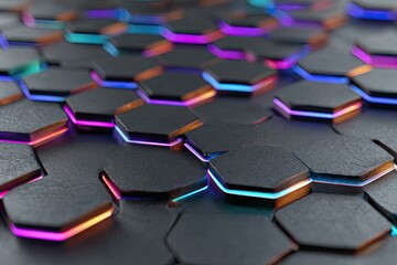 Abstract hexagonal grid with vibrant neon lighting accents, creating a futuristic, technological texture