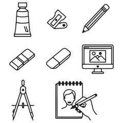 Diverse Art, Drawing, and Digital Design Tools as Outline Icons