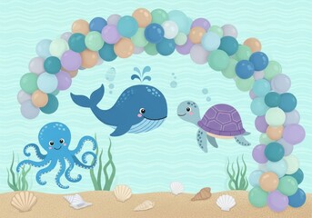 Naklejka premium Underwater themed birthday party backdrop with balloons and marine animals
