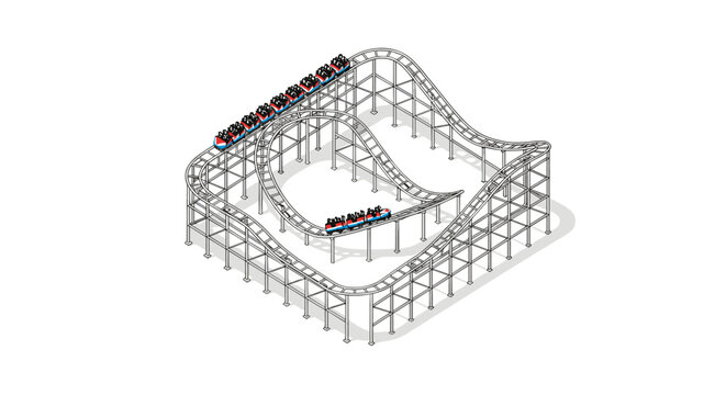 Isometric roller coaster with thrilled riders on metal tracks