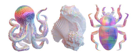 Vibrant Isolated 3D Models of Ocean Creatures with Rainbow Colors