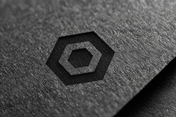Close-up of an embossed, dark gray hexagonal logo on textured, dark gray paper